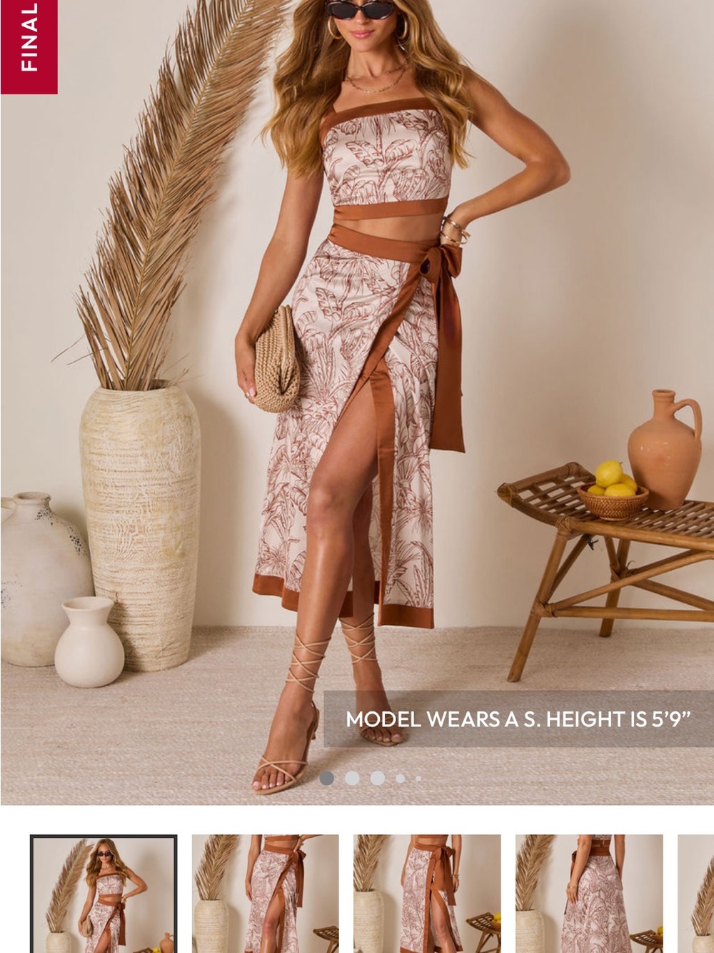 Vici Brown and White Tropical Wrap Midi Skirt and Top set.